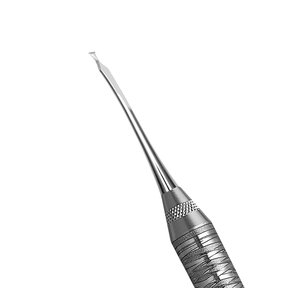A close-up of the Hu-Friedy Fedi Double-Ended (DE) Chisels, a stainless steel periodontal surgical instrument by Hu-Friedy, featuring a textured handle and flat, angled tips, isolated on a white background.