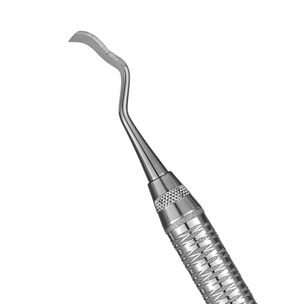 A close-up image of the Hu-Friedy Urban Back Action Chisel by Hu-Friedy, featuring a stainless steel build, textured handle, and curved tip—ideal for measuring implant sites and cleaning teeth during dental procedures.