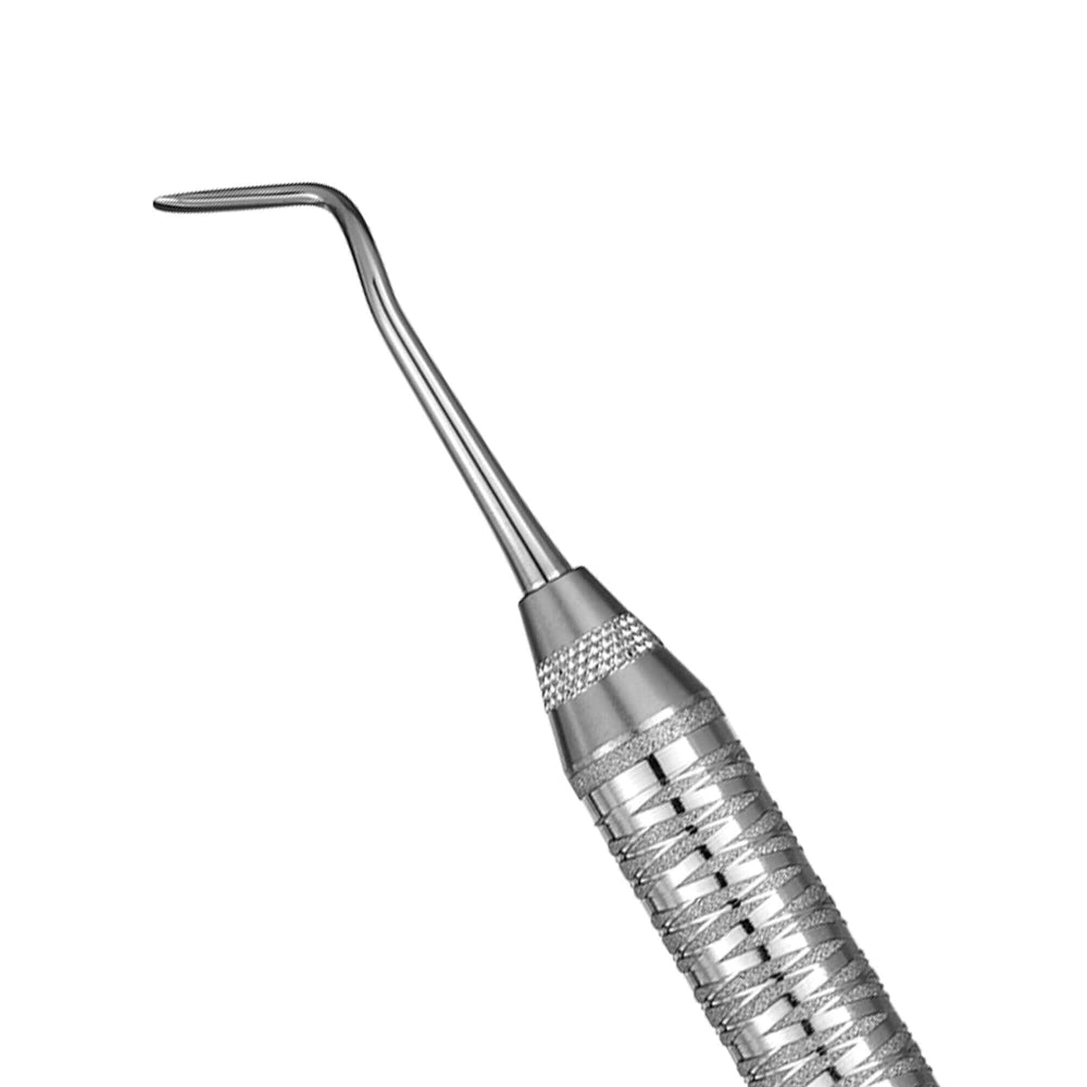 A close-up of the Hu-Friedy Urban URBAN2 Periodontal Bone Chisel, a stainless steel instrument with a textured handle for grip, designed by Hu-Friedy for use in periodontal surgical procedures such as crown lengthening.