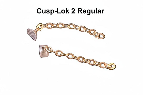 Two Cusp-Lok 2 bracket-based 1" 14K gold chains by Xemax are shown on a white background—designed for orthodontic impacted cuspid traction.