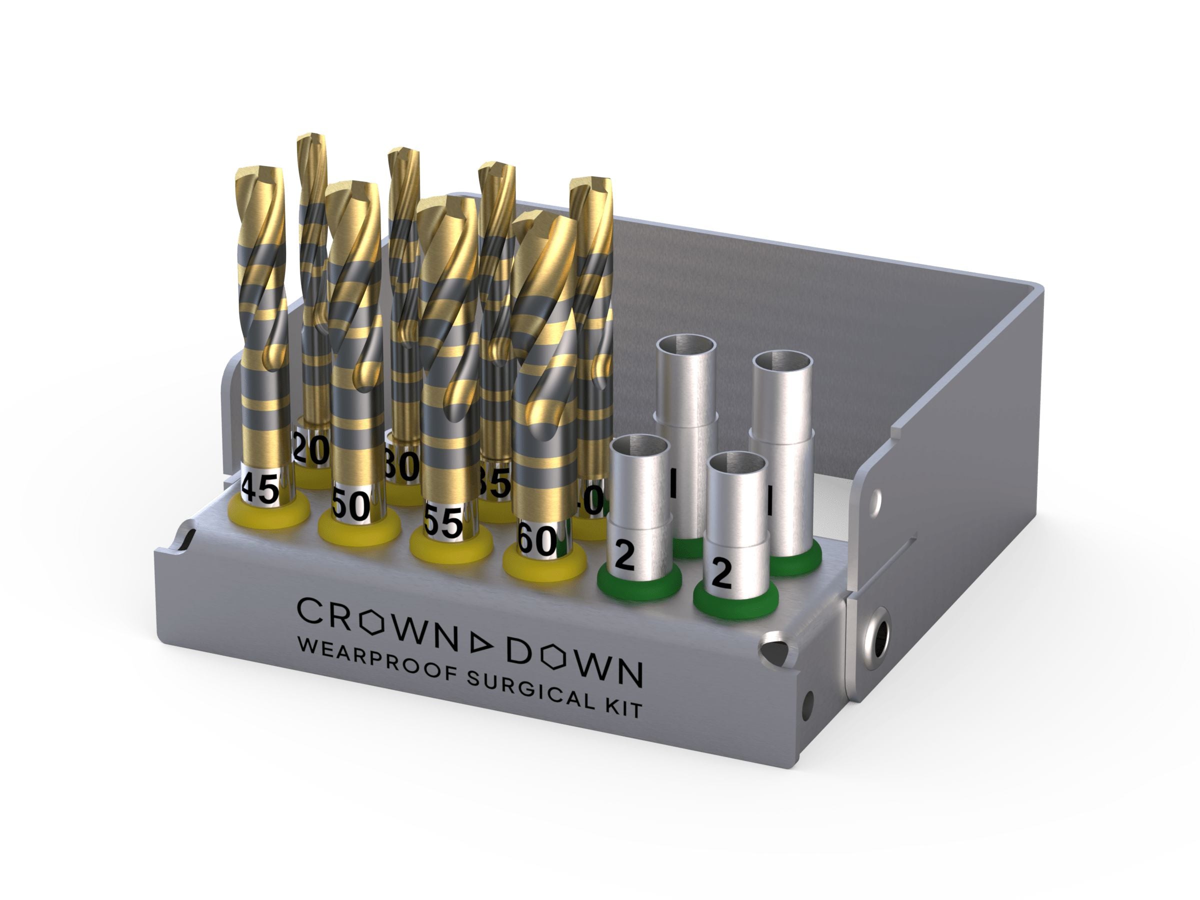 The Stomatotech Crown Down Drilling Kit features gold and silver tungsten carbide drills with size labels and metallic sleeves, all organized in a gray tray for precise implant procedures.