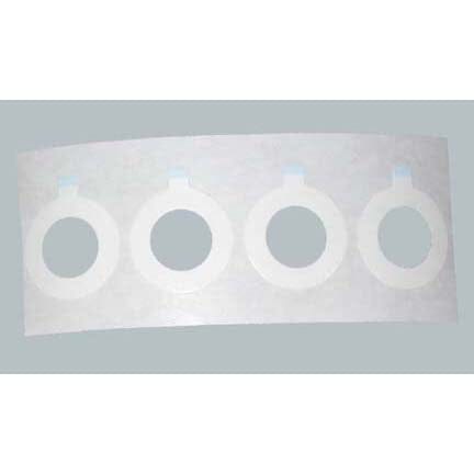 A sheet of Sedation Stethoscope Double Adhesive Precordial Disc Stickers for Chest Pieces, arranged in a row with circular cutouts, is displayed on a plain gray background.