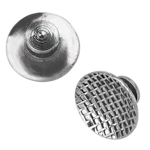 The Cusp-Lok 5 Lingual Button is a small, round metallic button with a slightly raised center and flat base, shown against a white background.