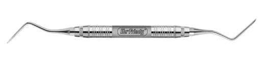 The Hu-Friedy Heidbrink 13/14 Double-Ended Root Tip Pick is a metal dental instrument with a textured handle and angled tips, used for examining teeth or precise fractured root tip removal.
