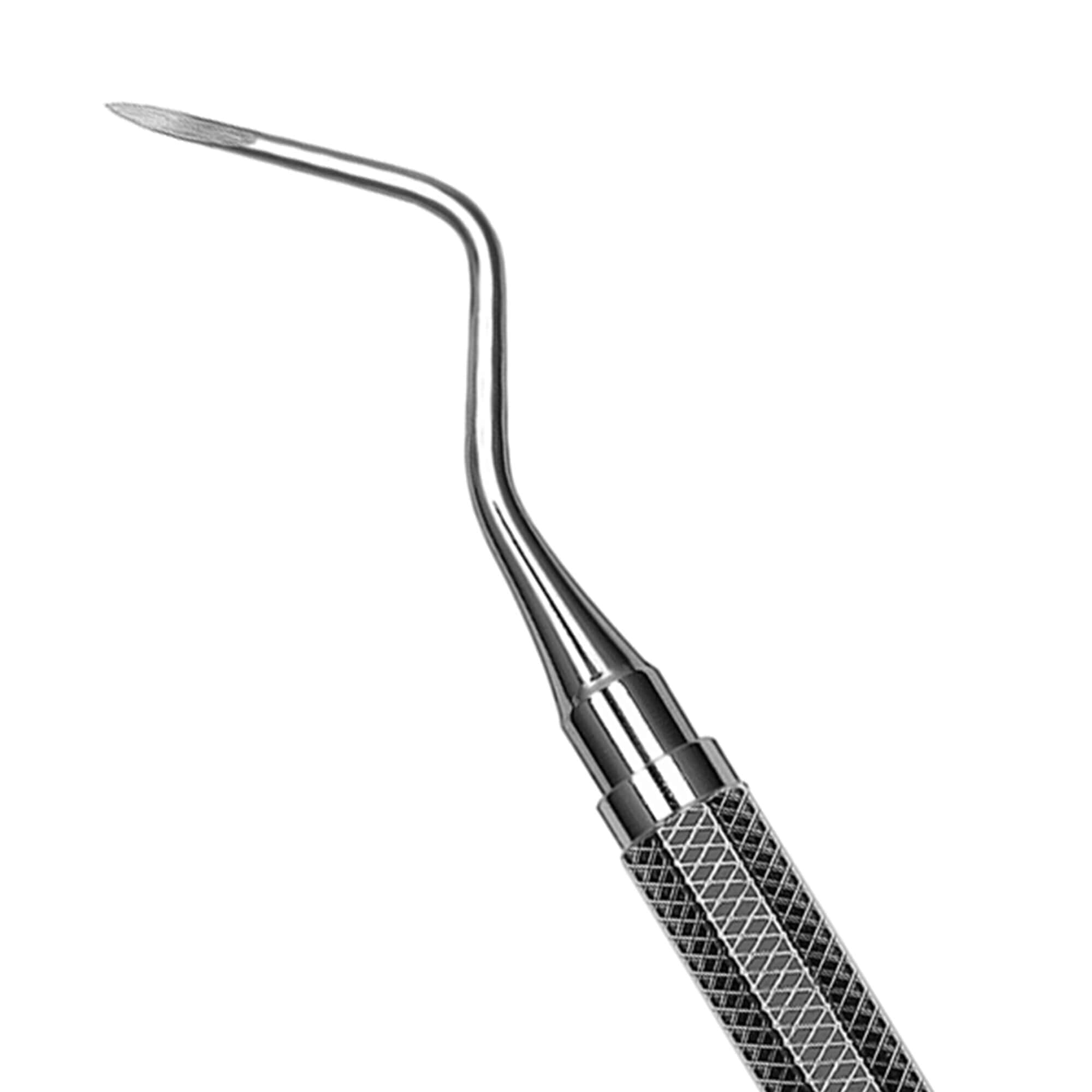 A close-up of a Hu-Friedy Heidbrink Root Tip Pick by Hu-Friedy, featuring a textured handle and curved, pointed tip, typically used by surgical specialists for posterior root tip procedures, shown isolated on a white background.