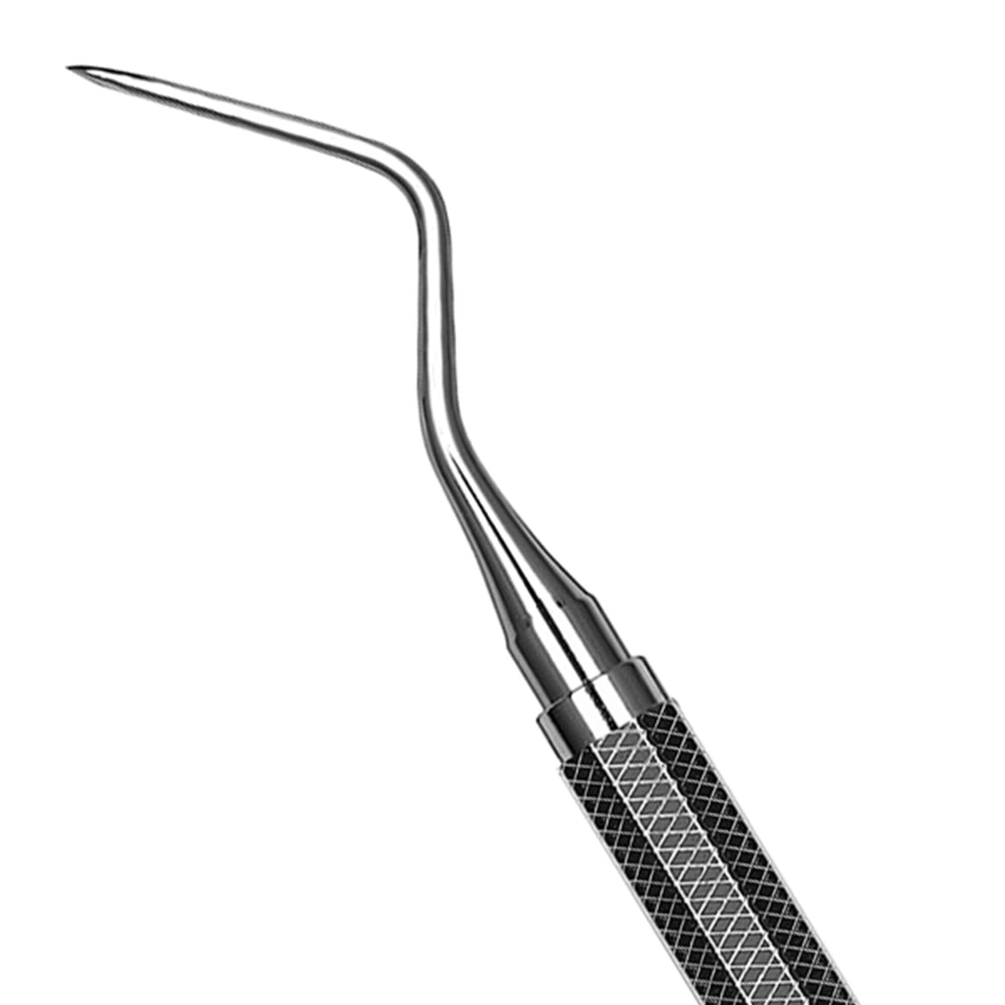 A close-up of the Hu-Friedy Heidbrink 13/14 Double-Ended Root Tip Pick, a metal dental instrument with a textured handle and sharply curved, pointed tip by Hu-Friedy, isolated on a white background.