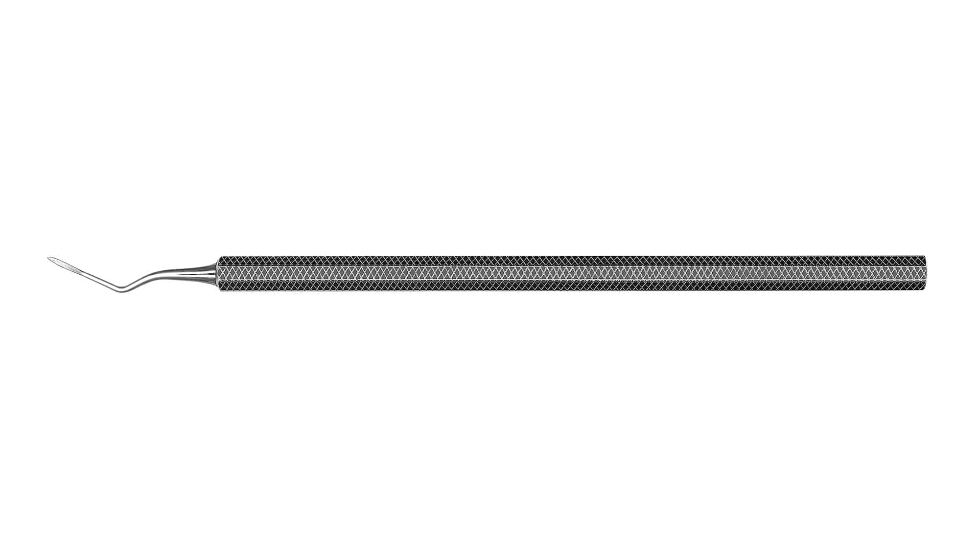 The Hu-Friedy West Apical Root Tip Pick by Hu-Friedy features a long textured handle and small angled tip, crafted from Immunity Steel, designed for dental exams, cleaning, and precise removal of fractured root tips.