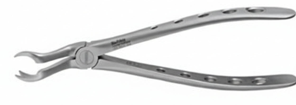 The Hu-Friedy Atraumair Extraction Forceps – Upper Arch features curved, serrated beaks and perforated stainless steel handles for atraumatic upper tooth extractions.