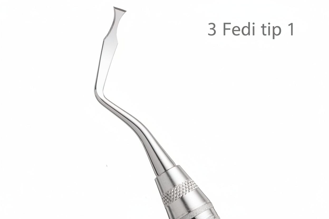 A close-up of a metallic dental tool, the Hu-Friedy Fedi Double-Ended Chisel by Hu-Friedy, displays its angled flat tip (3 Fedi tip 1) on a white background—vital for precise soft tissue incision in periodontal surgical instrument sets.