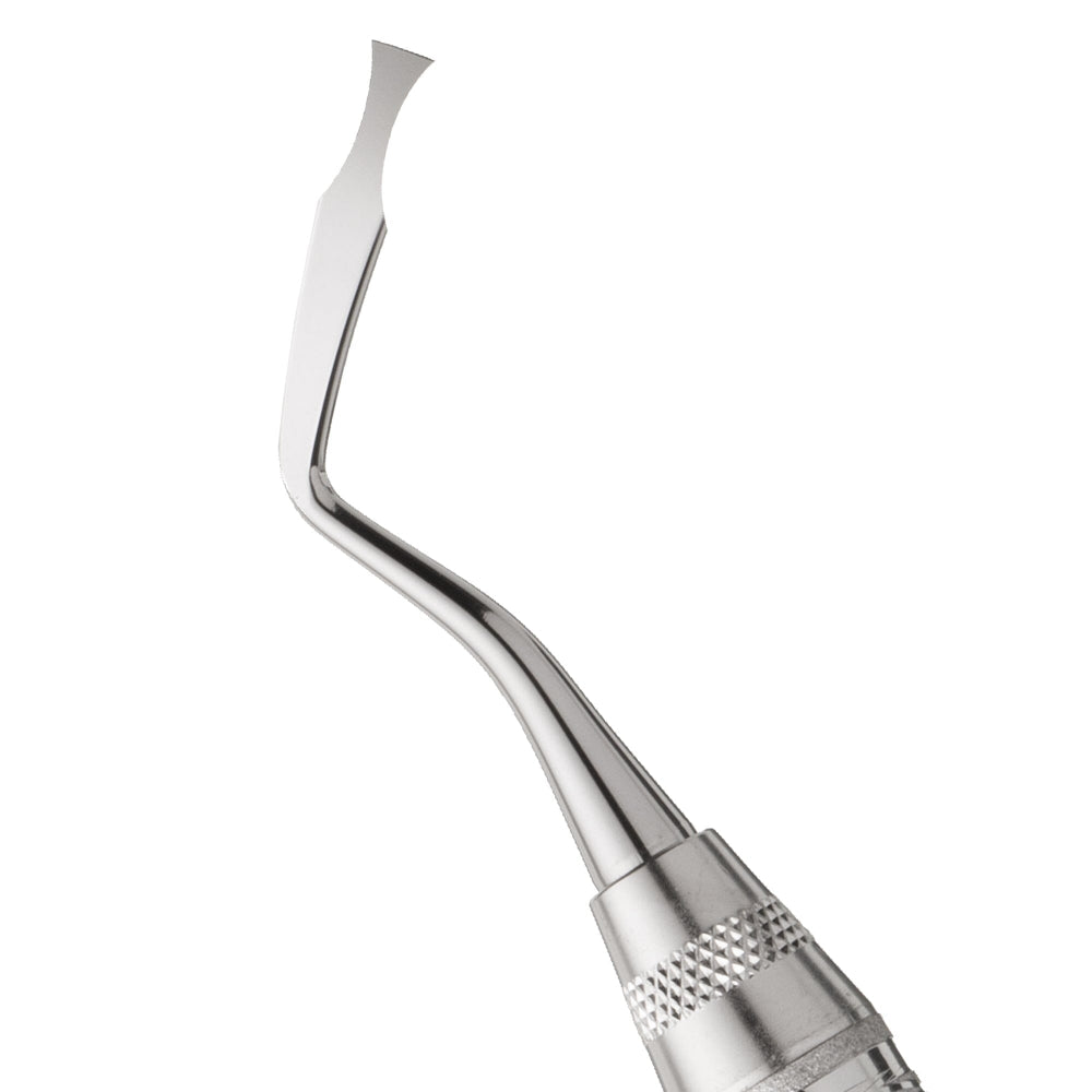 Close-up of the Hu-Friedy Fedi Double-Ended (DE) Chisels, stainless steel instruments with a curved handle and flat, angled tip, commonly used for soft tissue incision in periodontal surgery.