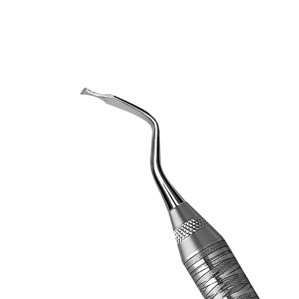 A close-up of a Hu-Friedy #4 Fedi Single-Ended Chisel with a textured handle and precise, curved tip, designed for dental procedures, shown against a white background.