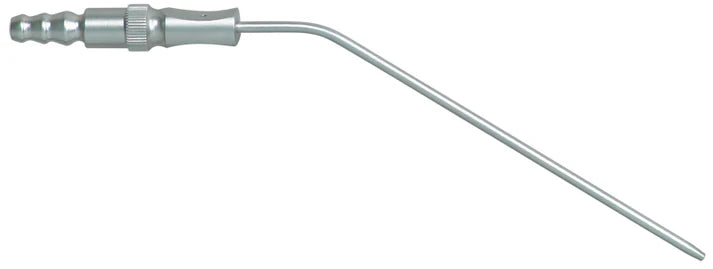 The Quality Aspirators Modified Frazier Surgical Aspirator – Long Bend, for surgical tubing or HVE, features a long bend suction tip and ridged connector for efficient fluid removal in medical procedures.