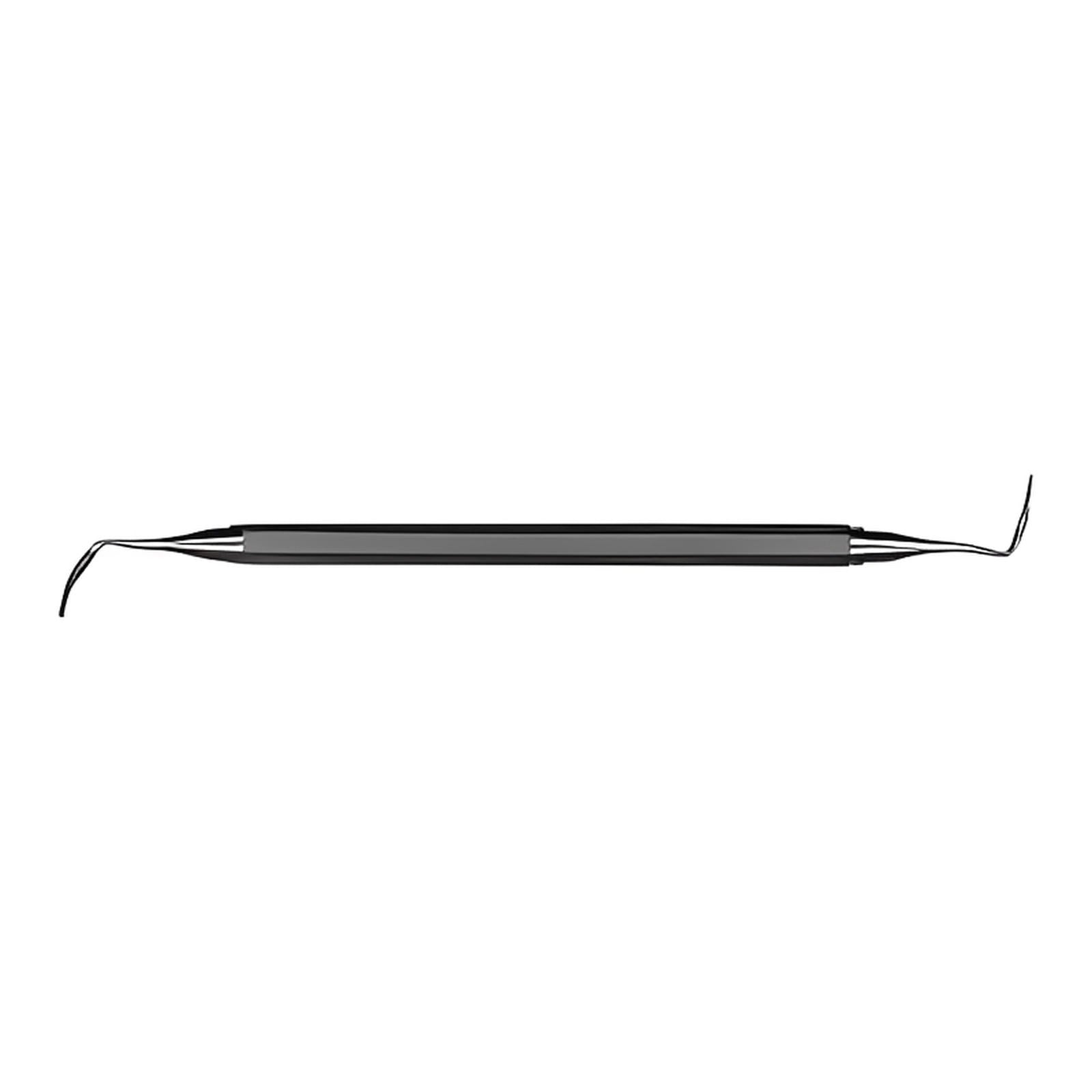 The Hu-Friedy Schluger Periodontal Surgical Files by Hu-Friedy feature double-ended metal tips curved oppositely with a black handle, ideal for interproximal access during dental procedures like osseous surgery.