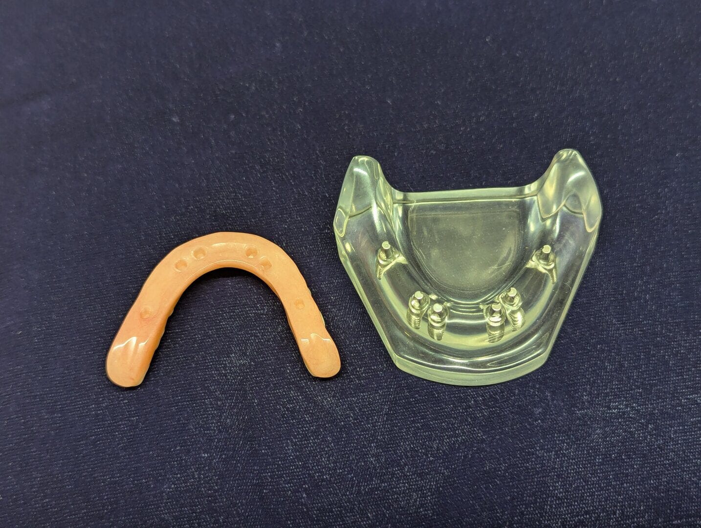 Two dental prosthetic devices are displayed: on the left, a pink gum-colored arch; on the right, the Models Plus Screw-Retained Full-Arch Bridge on 6 Implants patient education model, shown on a dark surface.