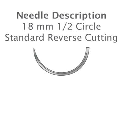 Diagram showing an 18 mm 1/2 circle standard reverse cutting needle, ideal for use with Resorba Glycolon PGA-PCL absorbable monofilament dental sutures. Brand: Resorba.