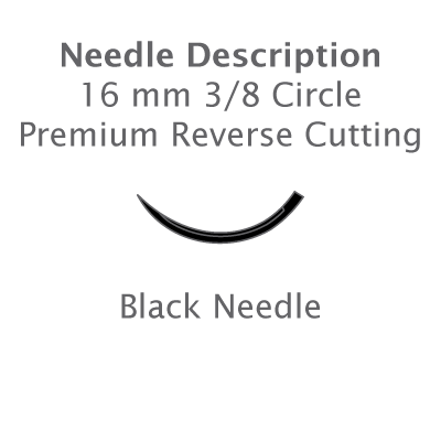 Diagram showing a 16 mm, 3/8 circle premium reverse cutting black needle for Resorba Glycolon PGA-PCL absorbable monofilament dental sutures, with text descriptions ideal for oral or synthetic suture use by Resorba.