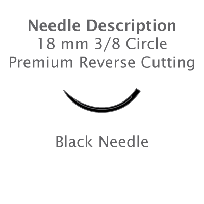 Diagram shows an 18 mm premium black reverse cutting needle (3/8 circle) for oral surgery, used with Resorba Glycolon PGA-PCL Absorbable Monofilament Dental Sutures by Resorba, made from synthetic PGA–PCL copolymer.