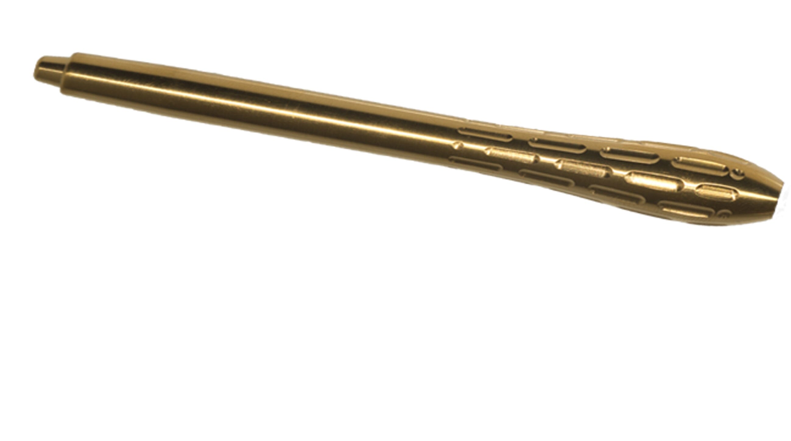 A metallic gold pen with a smooth barrel and a textured grip near the tip, inspired by the ergonomic design of the McBio Straight STS Bone Collector Handle (Reusable), is shown against a white background.