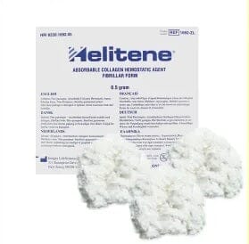 Image shows a package labeled Helitene® 1692ZL Absorbable Collagen Hemostatic Agent (0.5 g Fibrillar, Pack/5) by Integra, with three clusters of white, fluffy absorbable collagen in front of the package.