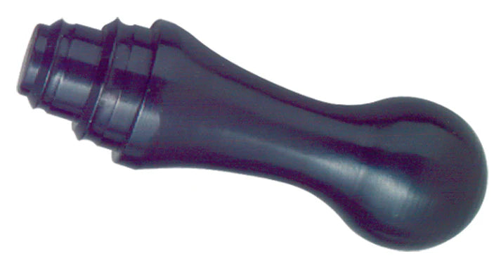 The Quality Aspirators Valve Quick Disconnect Plug HVE-PLUG is a black, bulb-shaped rubber handle with a rounded end and three ridges near the narrow end, photographed on a white background.