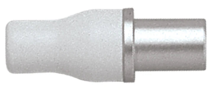 A close-up of a cylindrical fuse with a white ceramic body and metal caps, shown next to the Quality Aspirators HVE to Saliva Ejector Adapter (HVE-SE) used in high-volume evacuation systems for circuit protection.