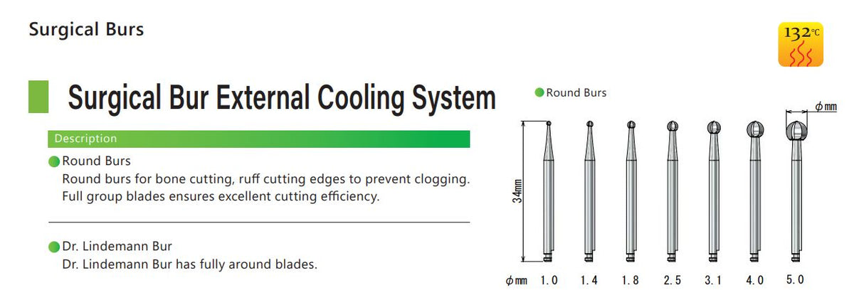 Diagram shows six Dentech Surgical Burs – Round Carbide 141RF (RAXL Latch, 34mm) with external cooling system, labeled “Surgical Bur External Cooling System.” Includes sizes for implant surgery. Temperature icon displays 132°C.