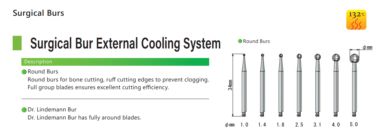 Diagram shows six Dentech Surgical Burs – Round Carbide 141RF (RAXL Latch, 34mm) with external cooling system, labeled “Surgical Bur External Cooling System.” Includes sizes for implant surgery. Temperature icon displays 132°C.