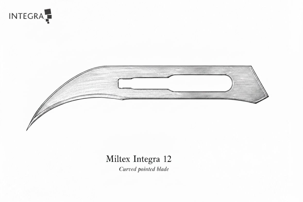 A detailed illustration of a Miltex Integra Carbon Steel Scalpel Blade (pk/100), displayed horizontally on a white background with the Miltex Integra logo in the upper left and product name and description below.