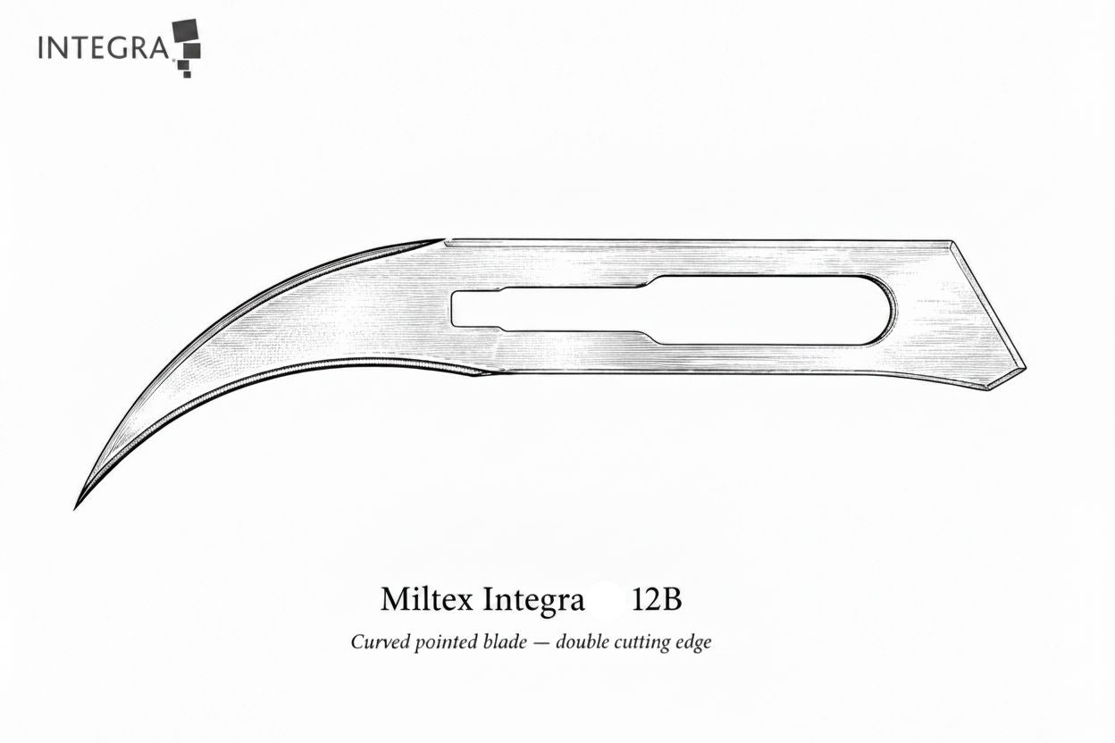 A black and white illustration of Miltex Integra Carbon Steel Scalpel Blades (pk/100) shows a curved, double-edged blade with the Integra logo in the top left corner.