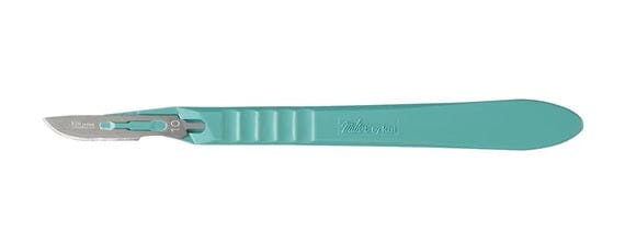 The Miltex Integra #15 Disposable Scalpel features a stainless steel blade, textured handle, and teal design—ideal for oral or maxillofacial surgery—shown against a white background.