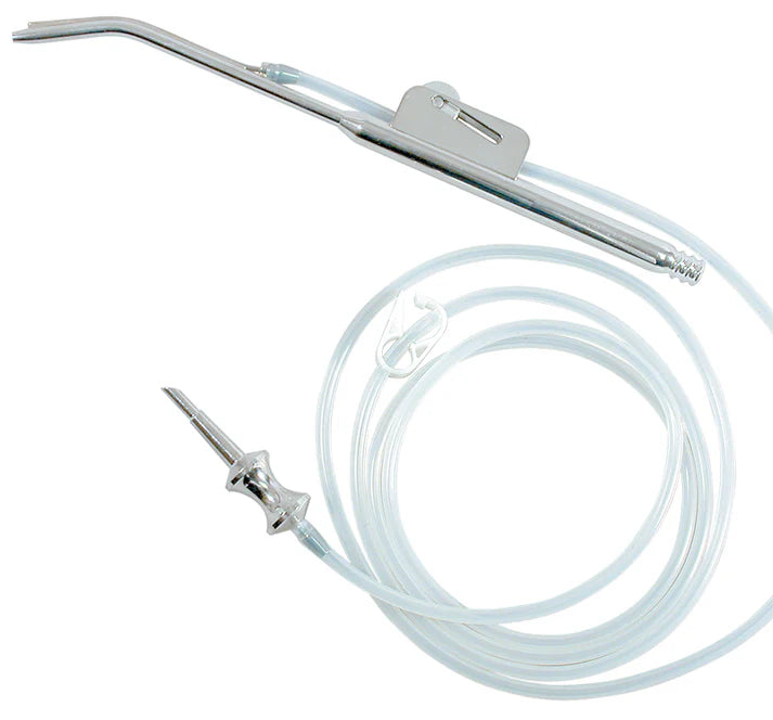 The K-COMP Combined Suction & Irrigation System by Quality Aspirators features a stainless steel instrument with a long, flexible clear tube for efficient suction and irrigation during dental procedures.
