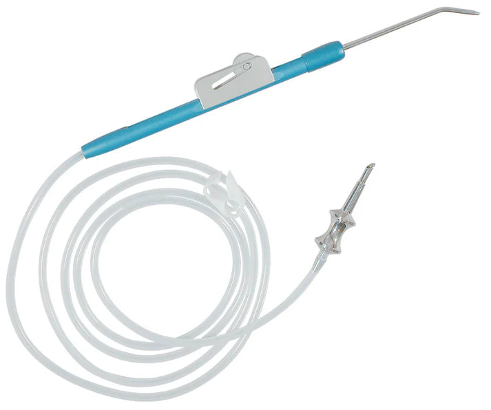 The K-IR Irrigation Set with Pressurized Cuff by Quality Aspirators features a blue handle, long flexible transparent tube, and metal suction tip for effective saliva removal during dental procedures.