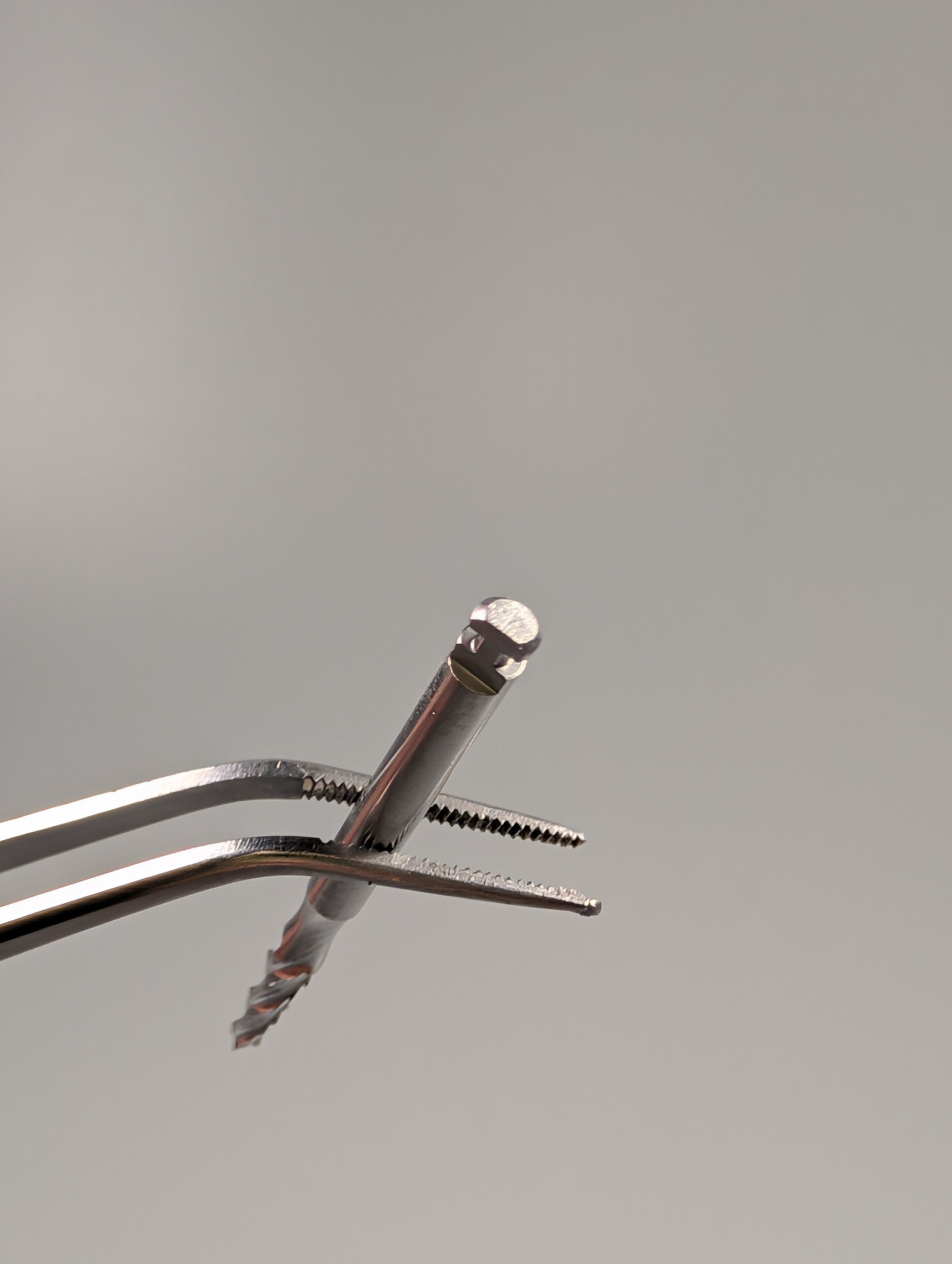 A close-up shows Dentech's Lindemann Drill 2.5mm, an externally cooled stainless steel surgical bur, held by metal tweezers against a light gray background. The drill tip and tweezers are in focus, with the rest softly blurred.