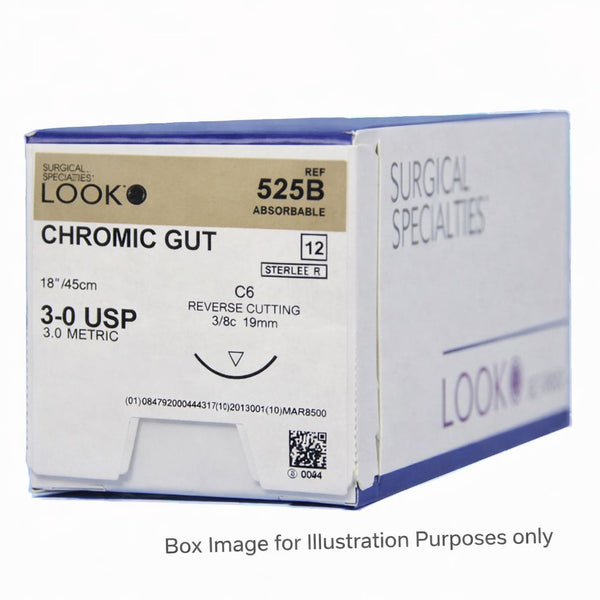 A white and blue box labeled LOOK Chromic Gut Sutures | Natural Absorbable Dental Sutures, 3-0 USP, 18/45cm, reverse cutting. For absorbable dental use in oral surgery. Box image for illustration purposes only. Brand: Look.