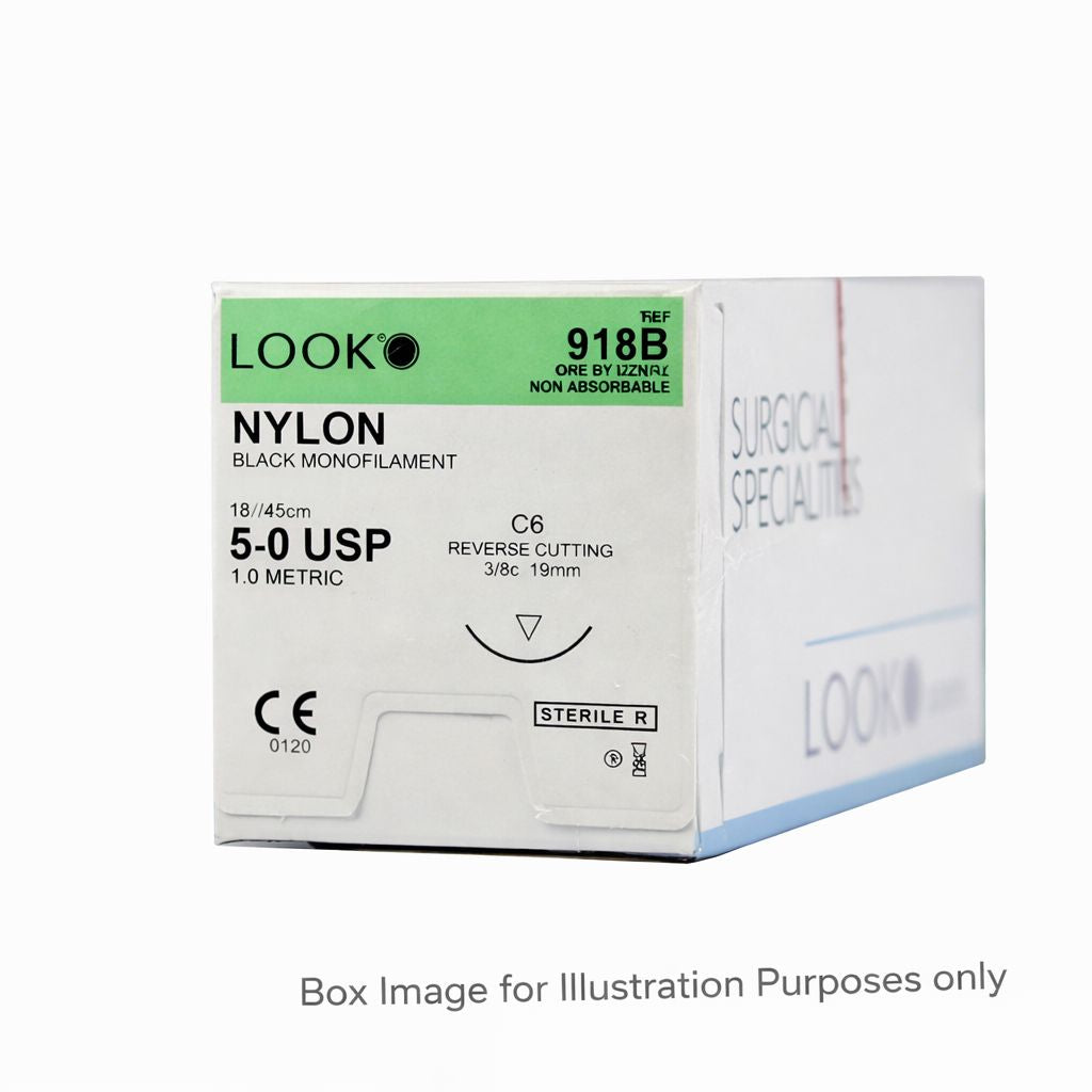 A white and green box labeled LOOK Nylon Sutures | Non-Absorbable Monofilament Dental Sutures (Look brand), ideal for oral surgery. "Box Image for Illustration Purposes only" appears bottom right.