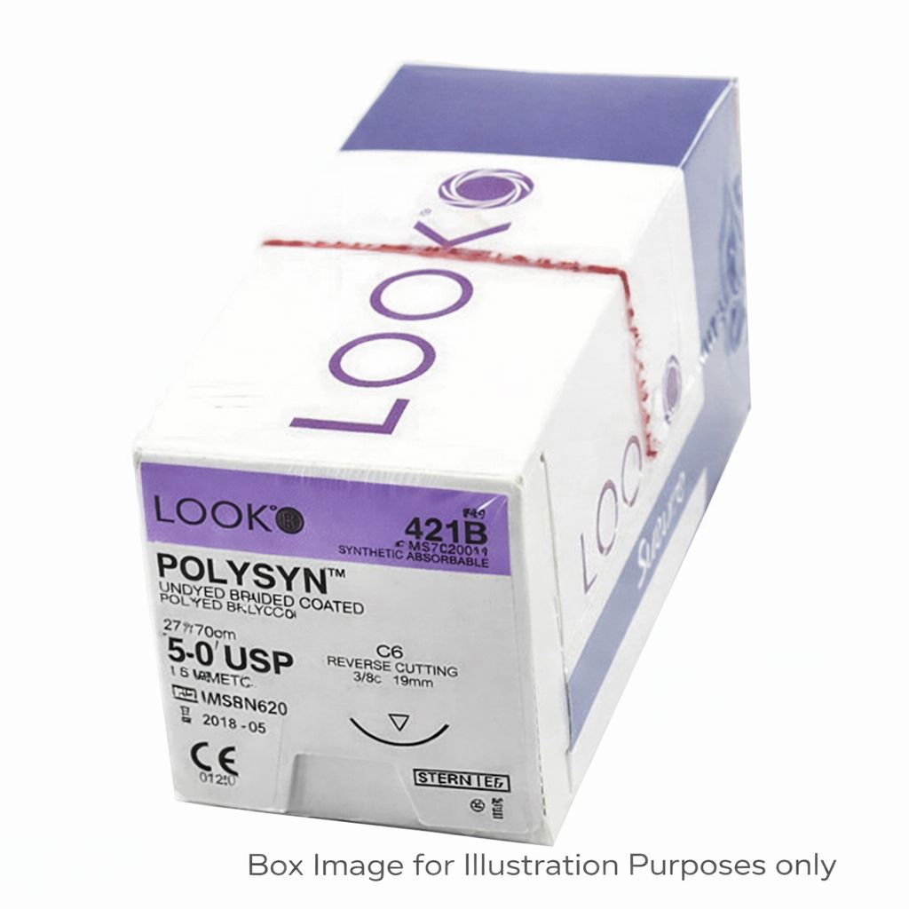A white and purple box of LOOK Polysyn PGA Sutures | Absorbable Braided Dental Sutures, size 5-0 USP, by Look is displayed with product details on the package. The synthetic absorbable sutures are shown on a white surface.