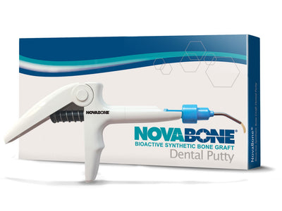 A NovaBone® Dental Bone Putty – Synthetic CPS Bone Graft dispenser stands before its box, featuring blue and green accents and displaying “Bioactive Synthetic Bone Graft Dental Putty” for bone grafting and regeneration.
