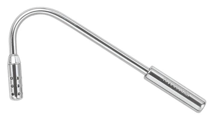 The Stainless Steel Saliva Ejector NSE by Quality Aspirators is a reusable, curved, tubular device with multiple suction holes and a vented end, designed for efficient fluid removal in veterinary medicine.