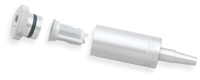 The Quality Aspirators Osseous Coagulum Trap (OCT Bone Trap) Set is shown disassembled into three silver-colored cylindrical parts, aligned in a row against a white background for collecting osseous material during surgical aspiration.