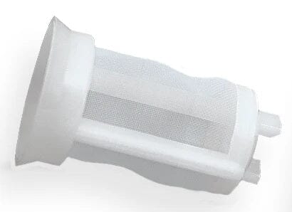 The Quality Aspirators Replacement Filter for Osseous Coagulum Trap (OCT) is a white cylindrical mesh filter with a solid plastic rim and base, two small tubes at one end, shown against a white background.