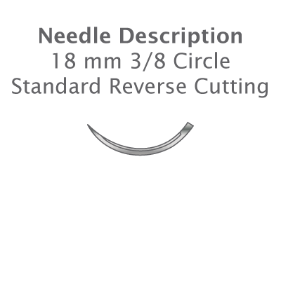 Illustration of an 18 mm, 3/8 circle, standard reverse cutting surgical needle with text above, ideal for periodontal use and compatible with Resorba PGA Sutures—absorbable braided dental sutures (violet) by Resorba.