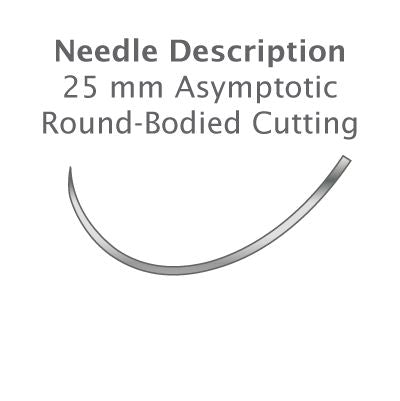 A 25 mm curved, round-bodied cutting needle, ideal for periodontal procedures, is shown below the text Needle Description 25 mm Asymptotic Round-Bodied Cutting, commonly used with Resorba PGA Sutures | Absorbable Braided Dental Sutures | Violet.