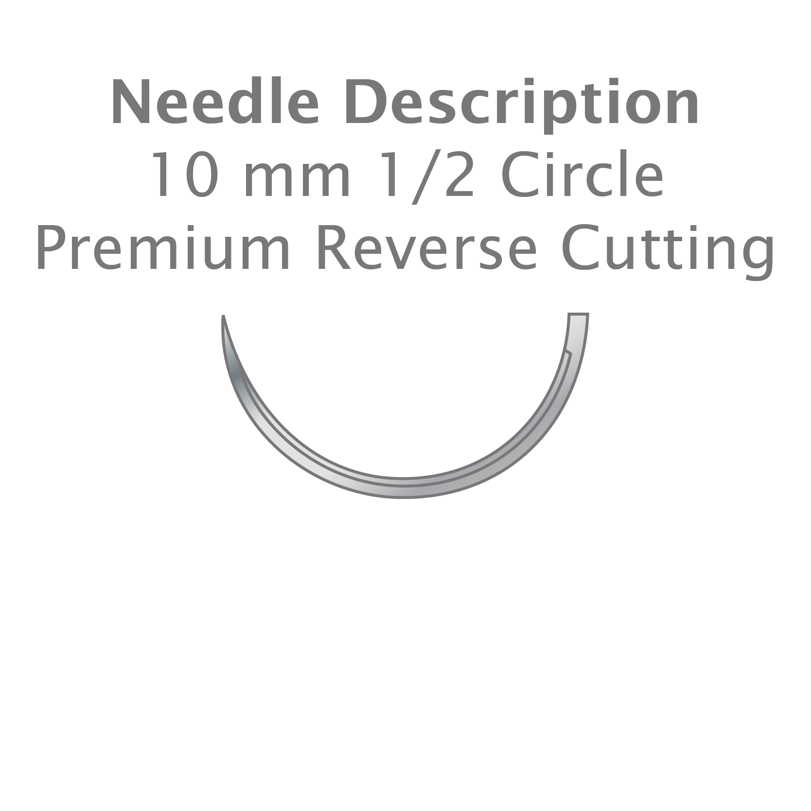 Illustration of a 10 mm 1/2 Circle Premium Reverse Cutting curved needle labeled for Resorba PGA Sutures, absorbable braided dental sutures (violet), ideal for periodontal procedures, on a light background.