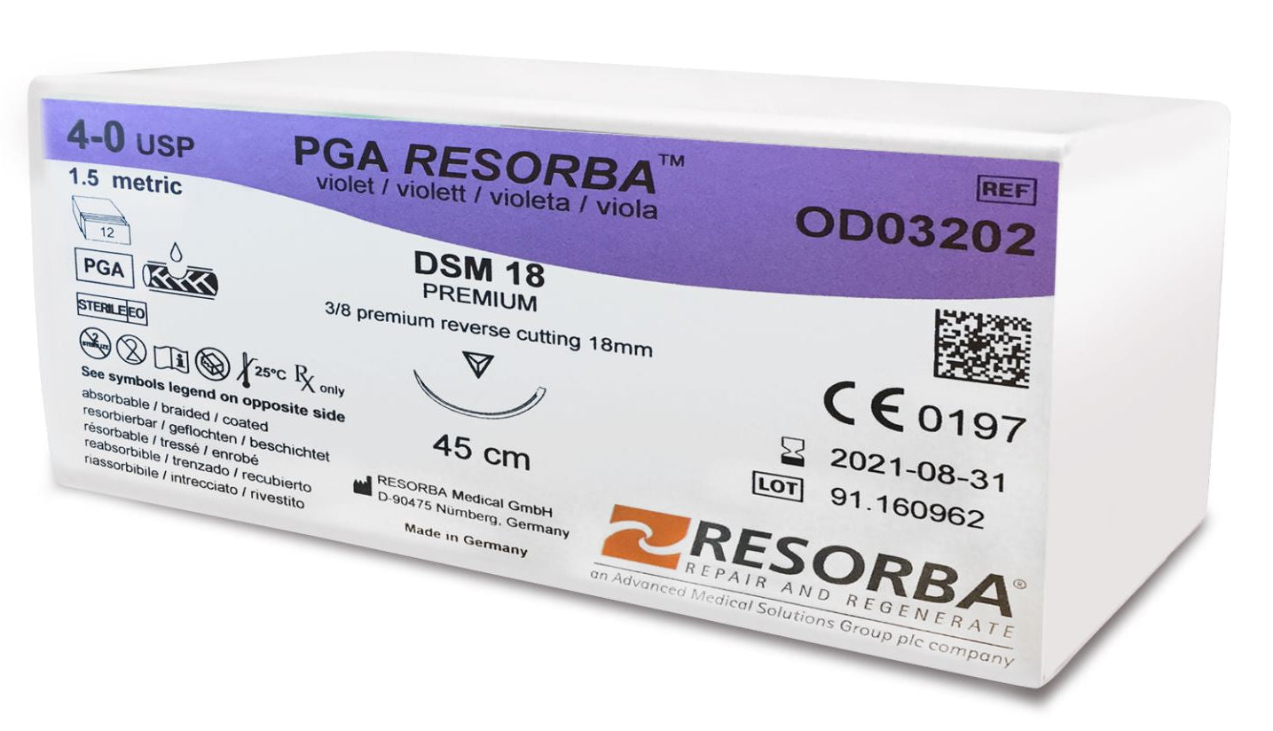 Box of Resorba PGA Absorbable Braided Dental Sutures, violet, size 4-0 USP (1.5 metric), 45 cm—ideal for oral surgery. Expiry date and product info are listed on the white and purple label.
