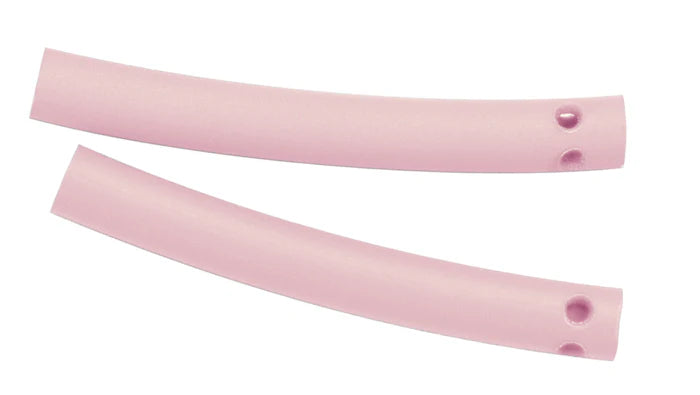 Two curved, light pink Quality Aspirators Autoclavable Silicone Replacement Sleeves for SEA Saliva Ejector, each with pairs of small holes by the ends, are shown parallel but not touching on a white background.