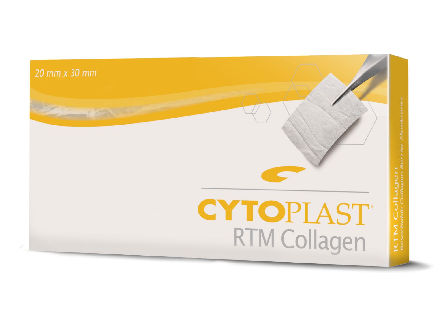 A white and yellow Cytoplast™ RTM Collagen Membrane box (Osteogenics) showing tweezers holding a white square, labeled 15 mm x 20 mm in the top left, contains 2 membranes for guided bone regeneration.