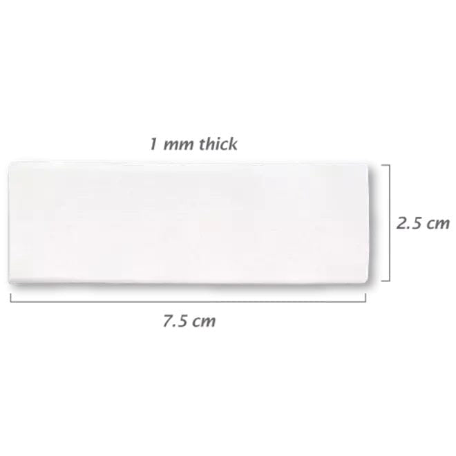 A white RTMTape Resorbable Bovine Collagen Wound Dressing (2.5 x 7.5 cm) from Osteogenics is displayed on a plain background with its dimensions labeled, suitable for wound coverage or membrane repair.