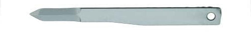 The Surgistar Miniature Scalpel Blades - Malleable by Surgistar is a metal tool with a flat handle, a hole at one end, and a chisel-like tip—perfect for precision work—displayed on a white background with a faint reflection.