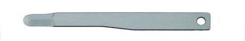The Surgistar Miniature Scalpel Blades - Malleable by Surgistar feature a flat, rectangular metallic design with a rounded tip, straight edges, smooth surface, and a small circular hole near one end.