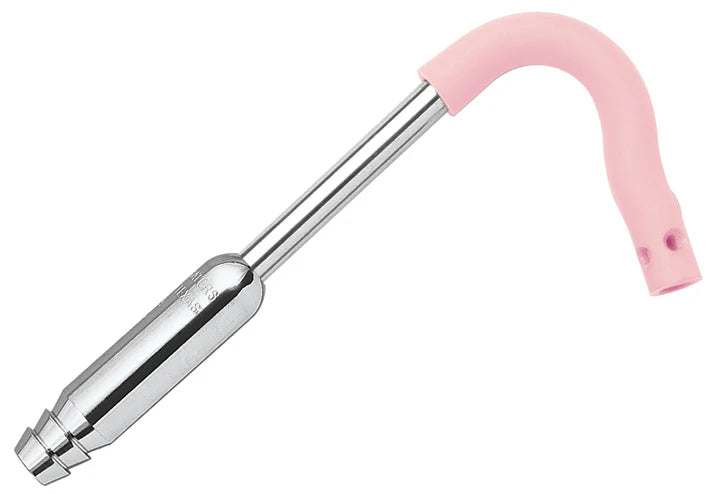 The High-Volume Saliva Ejector SEA – Stainless Steel by Quality Aspirators features a reusable stainless steel tube, flexible pink curved tip, and is compatible with autoclavable silicone sleeves for improved hygiene.